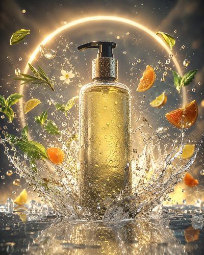 A chilled body wash bottle sits centered on a reflective surface.