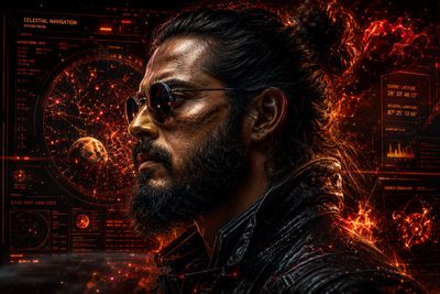 A rugged man with a man bun stares through holographic flames.