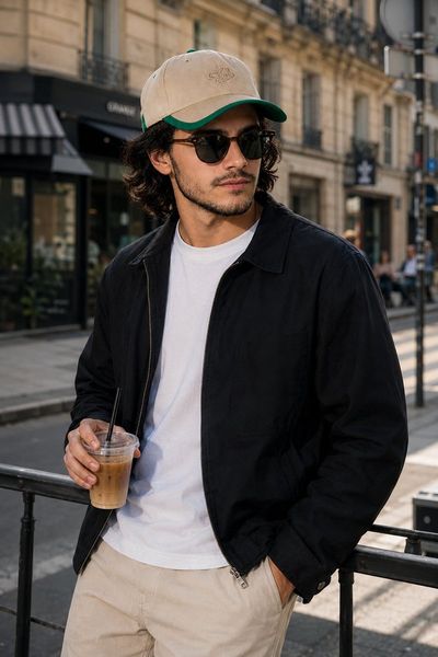A man in a light jacket holds iced coffee on a sunny street