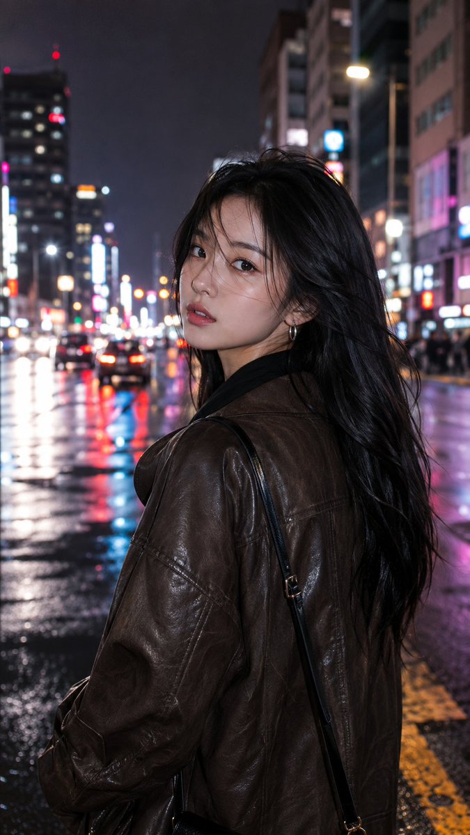 Korean woman in rain-soaked street turns with neon glow