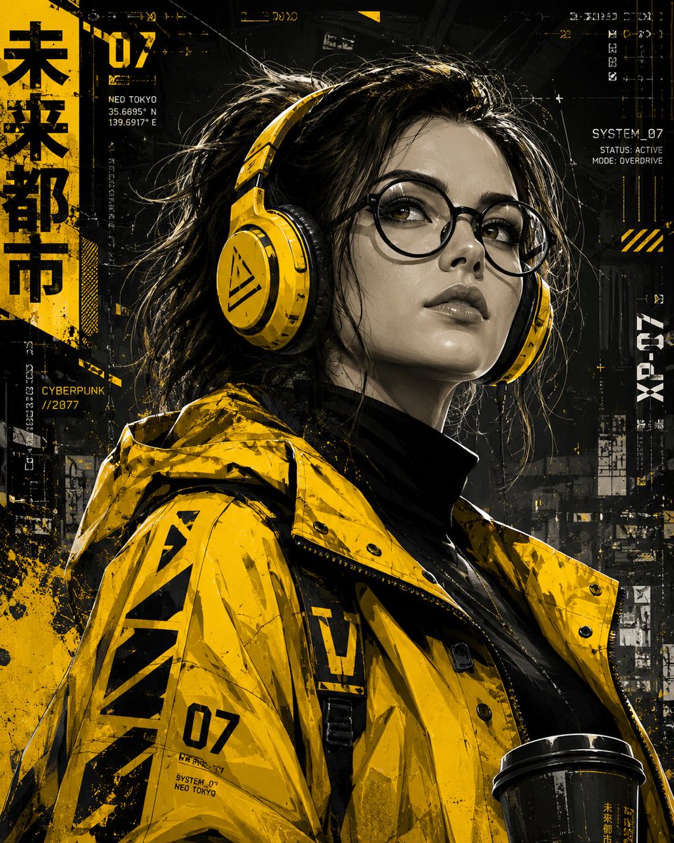 A cyberpunk woman in yellow techwear stares upward with ambition