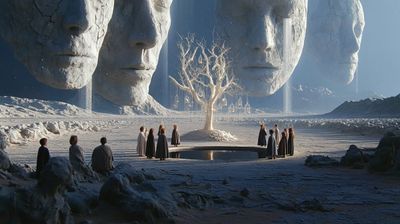 Ashen Valley Under Floating Masks and Bone-Tree Guardians