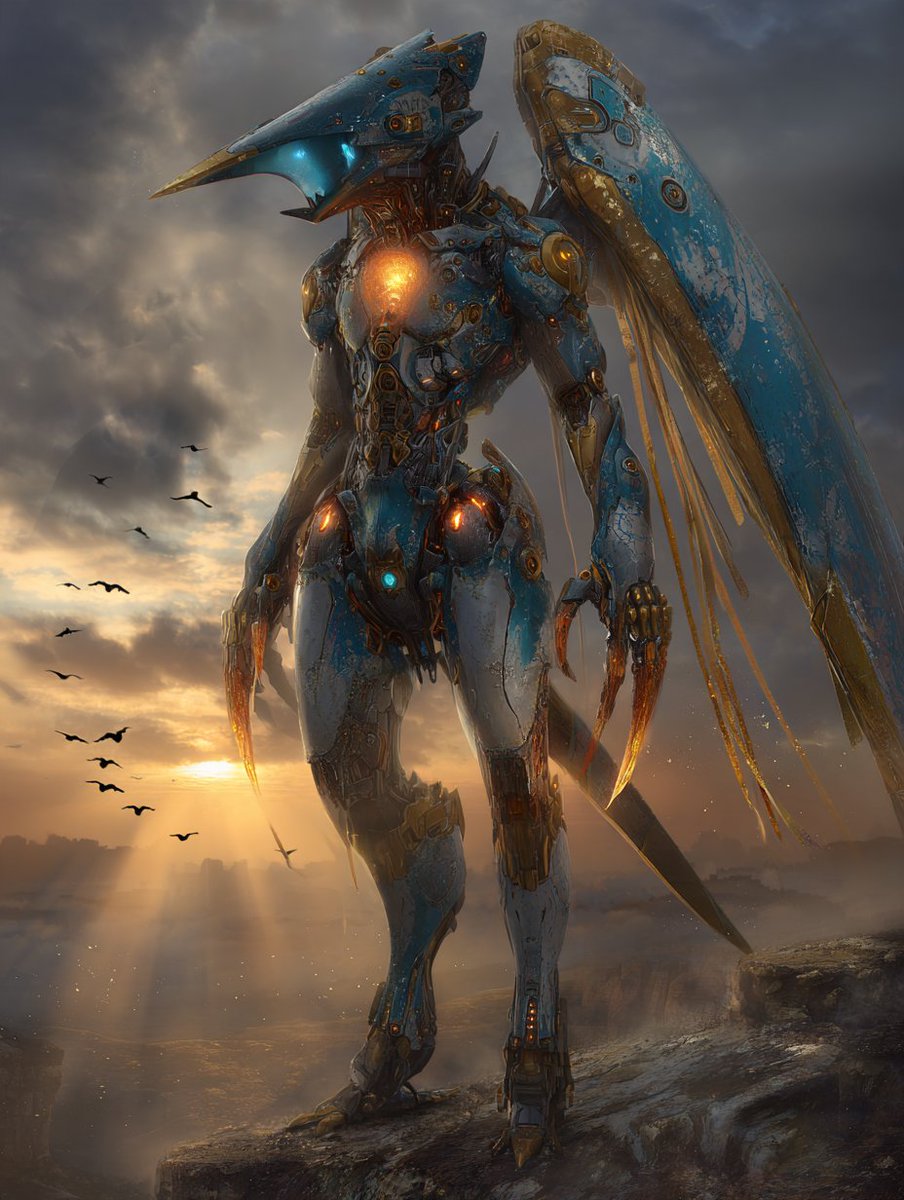 Biomechanical Winged Figure Stands on Rocky Outcrop Under Golden Sunbeams