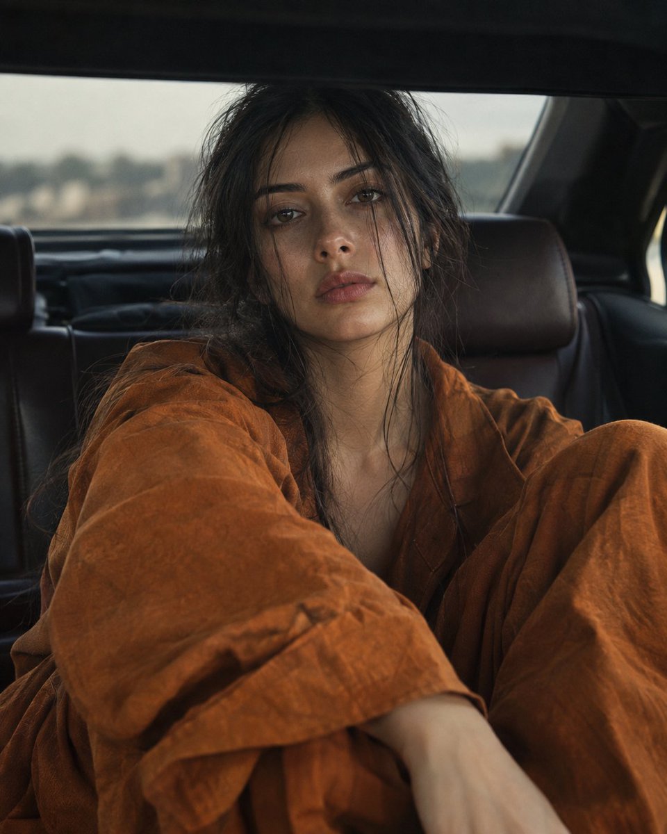 Woman in Ochre Jacket Sits Quietly Inside Dark Car