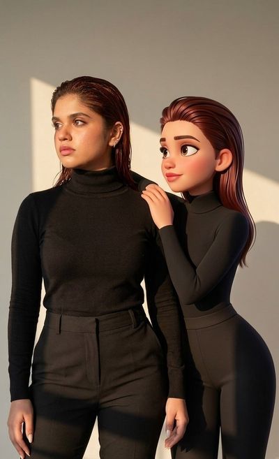 A woman explains to her Pixar twin that leather boots are not for borrowing.