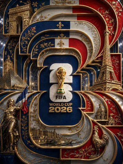 Ornate layered 2026 typography frames the FIFA World Cup trophy