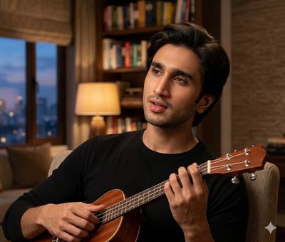 Soulful Musician in Twilight Ambiance with Ukulele