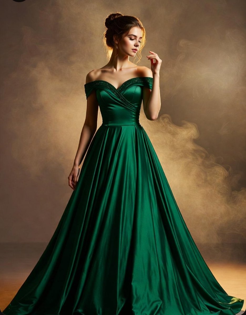 Elegant woman in emerald satin gown descends through golden mist