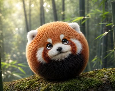 A fluffy orb-shaped baby red panda gazes upward on a mossy branch.