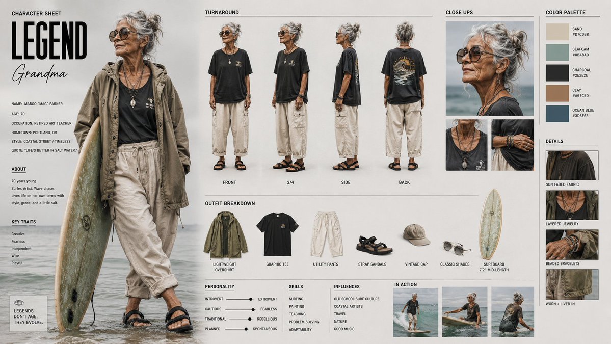 Legendary surfer grandma poses for detailed character sheet design