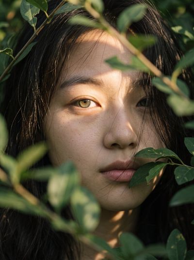 Sunlight Traps Her Face in a Green Foliage Cage