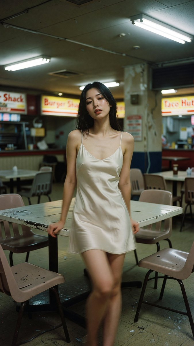 A woman in a satin dress stands in an abandoned mall corner.