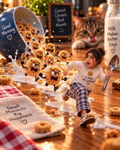 Cinematic Morning Chaos: Person Fleeing from Angry Cereal Cookies in Cozy Kitchen