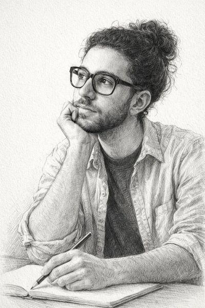 Ultra-Realistic Graphite Sketch of Thoughtful Artist at Work