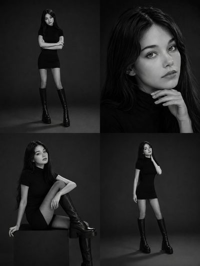 Elegant woman poses in monochrome high-fashion editorial collage