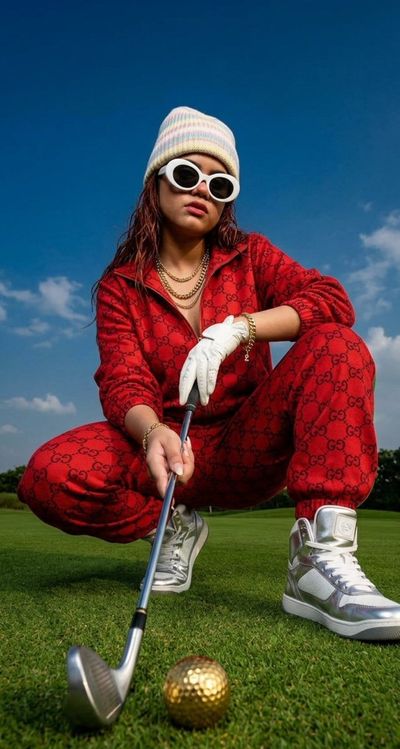 Bold Red Gucci Tracksuit Golf Course Editorial With White Oval Sunglasses