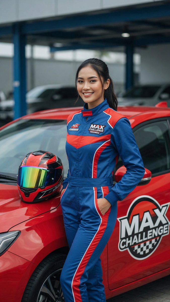 Indonesian woman in blue racing suit leans on red hatchback