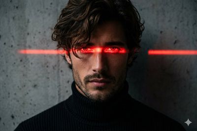 A woman's intense stare pierces through shadowy red light.