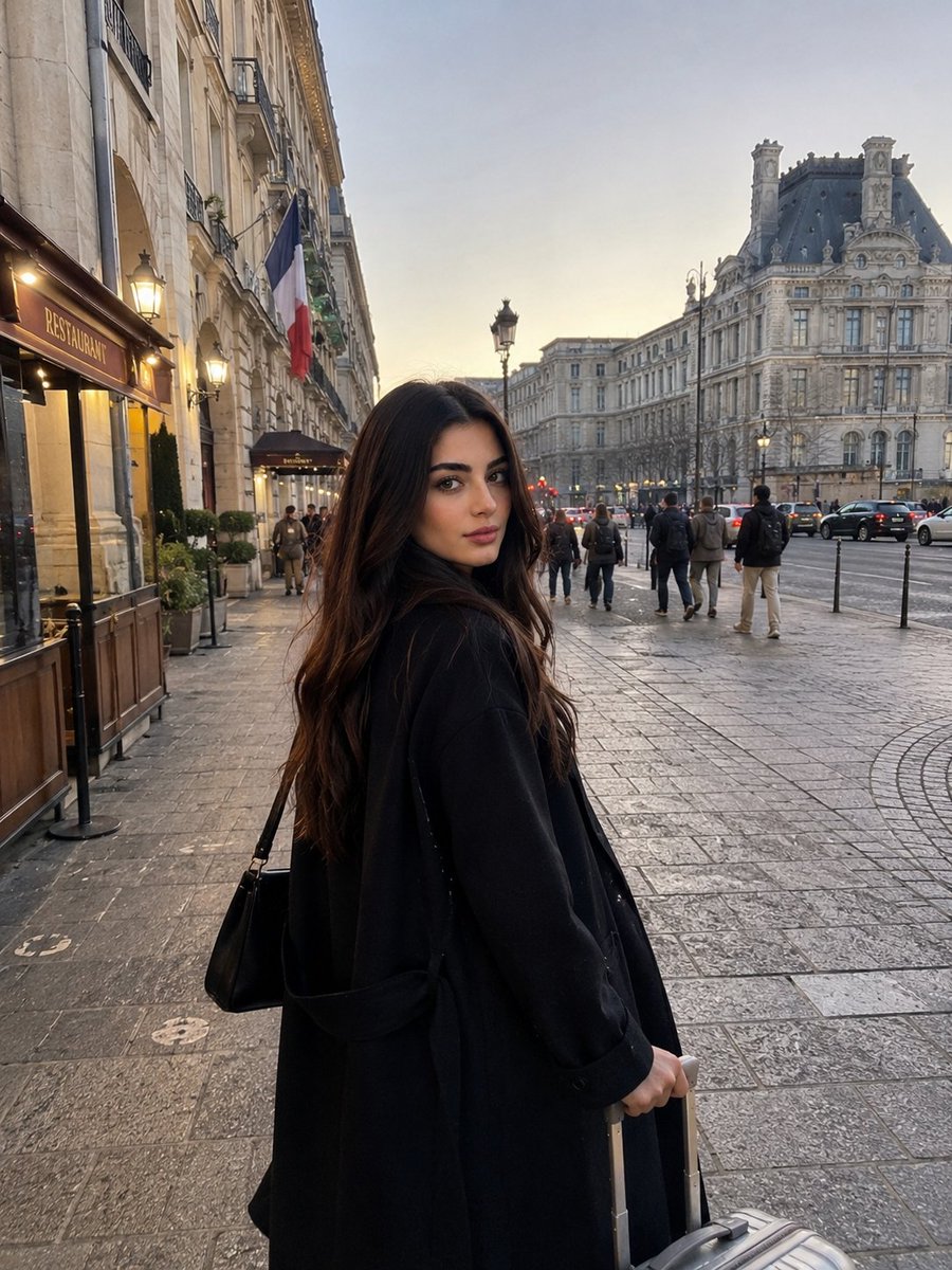A traveler turns back while pulling a suitcase through golden hour streets.