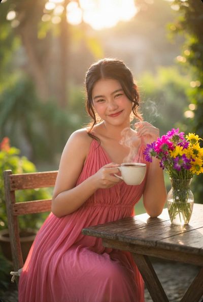 East Asian woman in pink dress enjoys golden hour park