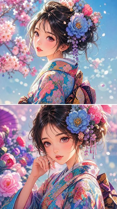 A young girl in floral kimono gazes softly under warm peach light