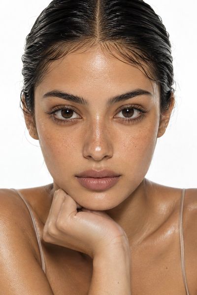 Warm golden-tan skin glows in minimalist beauty portrait