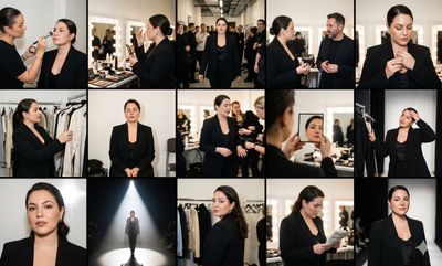 A model prepares backstage during a hectic fashion week show