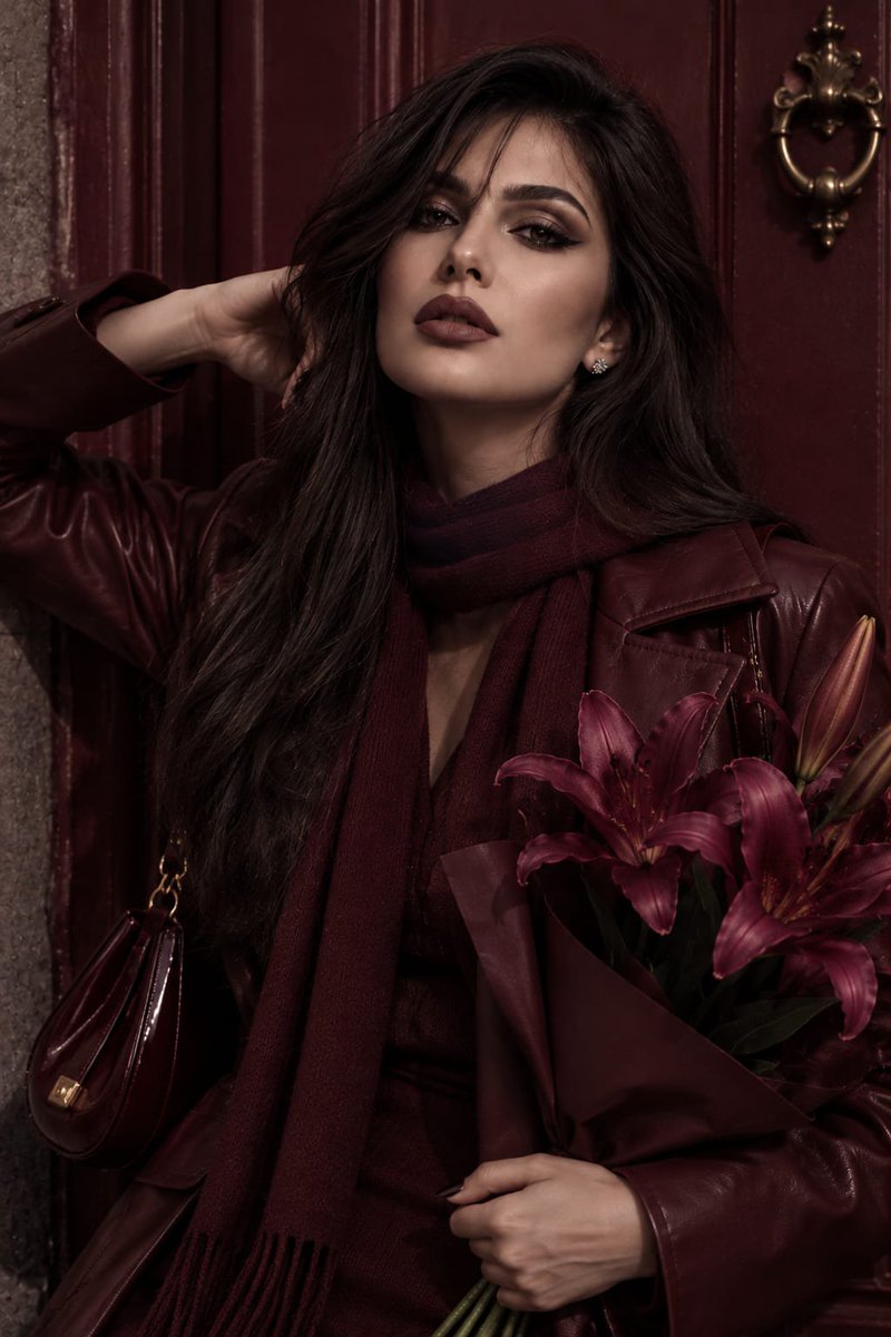Woman in burgundy leather poses against matching door