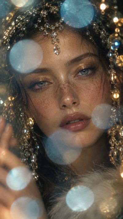 Hypnotic Gaze Veiled by Icy Blue Bokeh Orbs