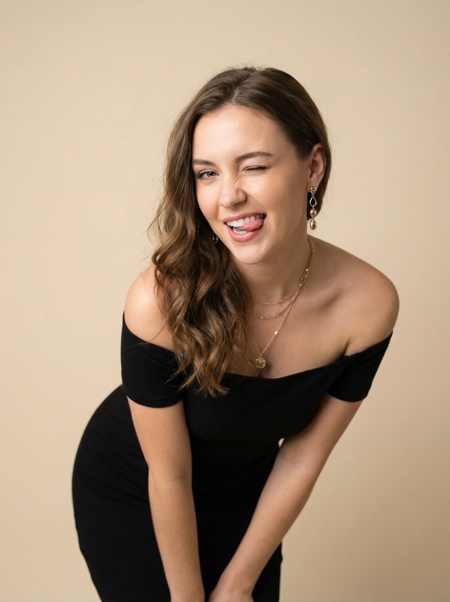 Playful Elegance: Intimate Portrait of a Winking Woman in Black Dress