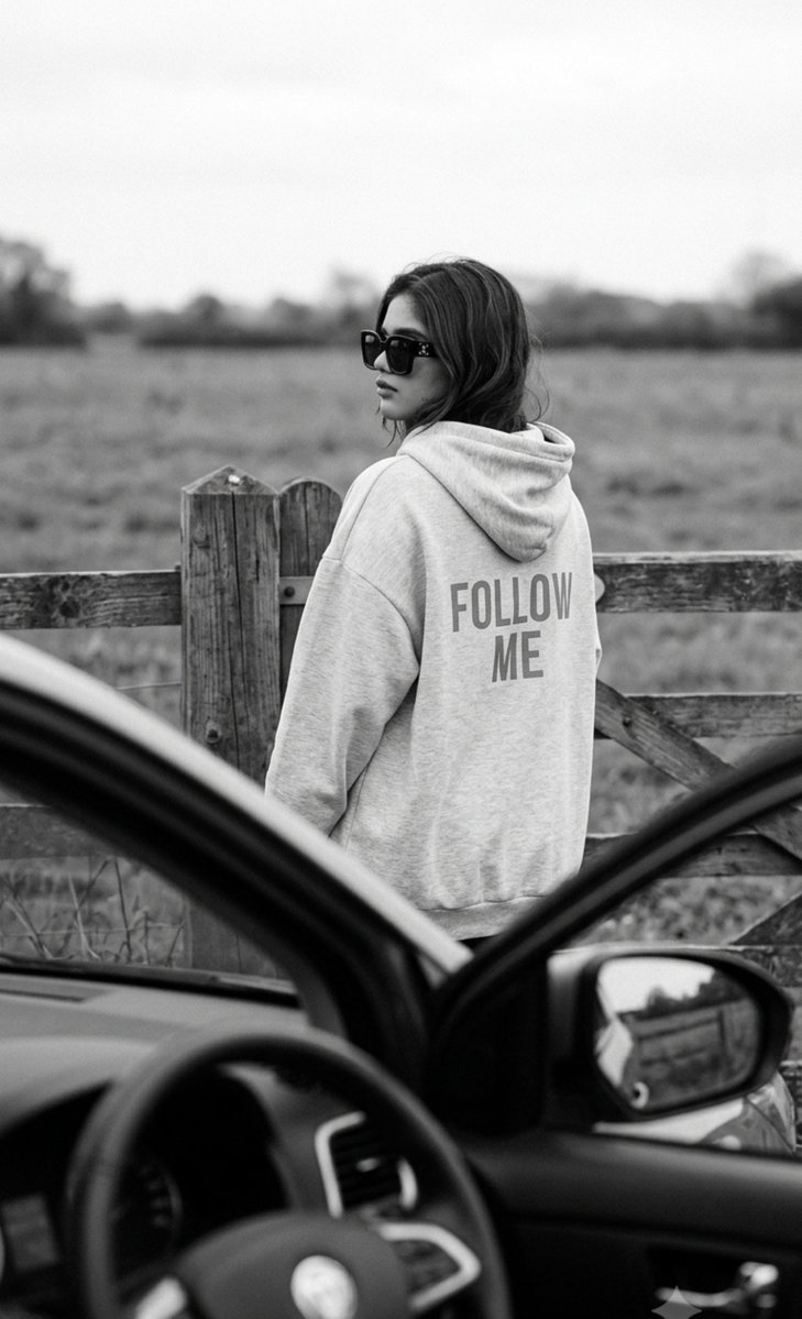 Young woman in grey hoodie turns from wooden fence