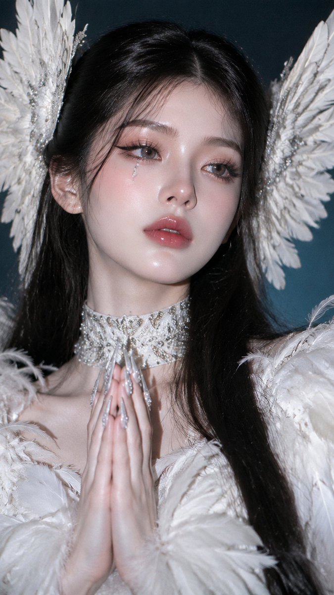 Angelic woman in feathered couture, tear glistening, dark studio light