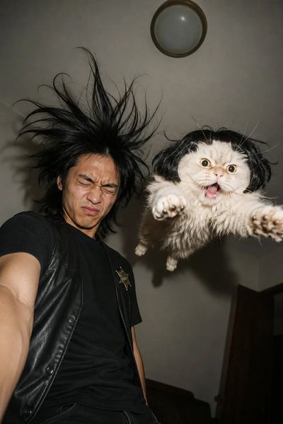A woman winces as a ginger tabby cat flies toward her face