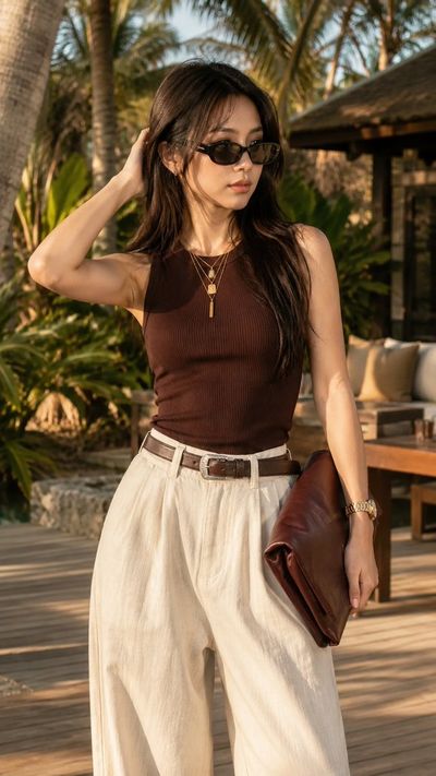 Elegant woman with burgundy clutch poses in golden tropical sunlight