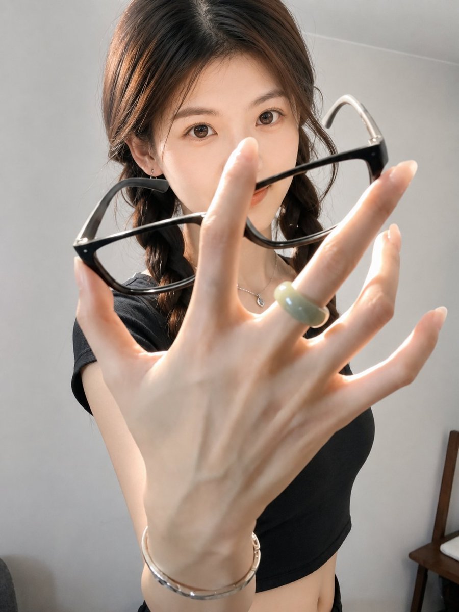 A hand holding glasses partly hides a calm face