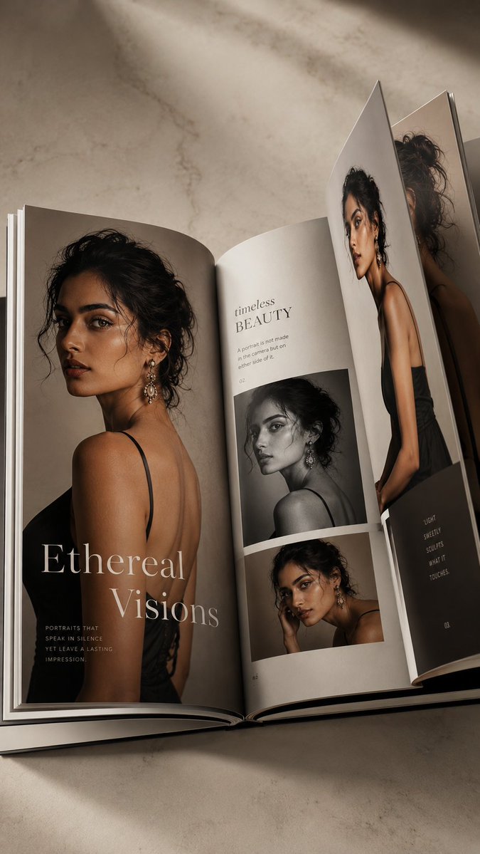 An open luxury coffee table book displays vibrant editorial portraits