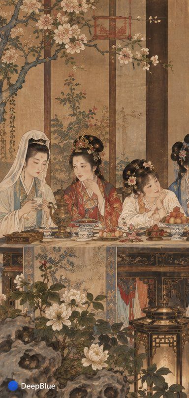 Thirteen Dream of Red Chamber Figures Recline Along a Long Banquet Table