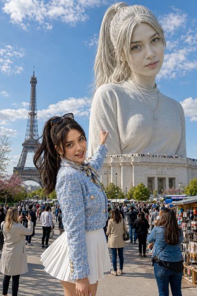 A joyful woman laughs beside a giant marble monument in Paris