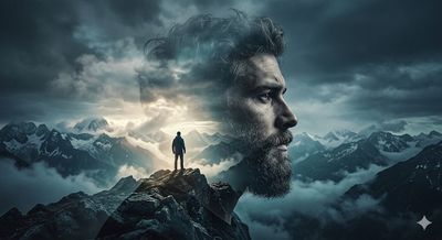 A young man's profile blends with misty mountain peaks