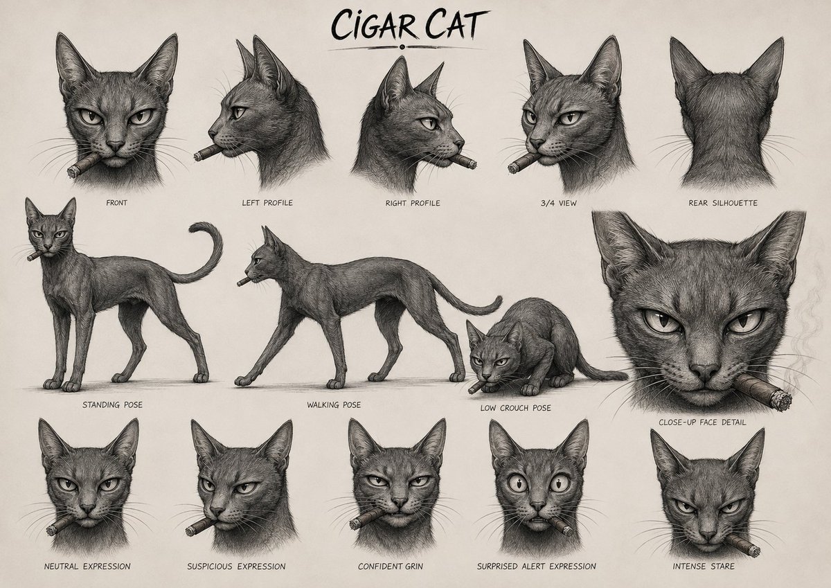 Sleek anti hero cat smokes cigar in cinematic character sheet