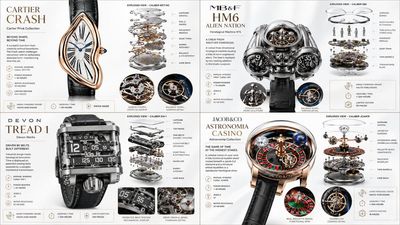 A mechanical watch movement floats in perfect transparent alignment