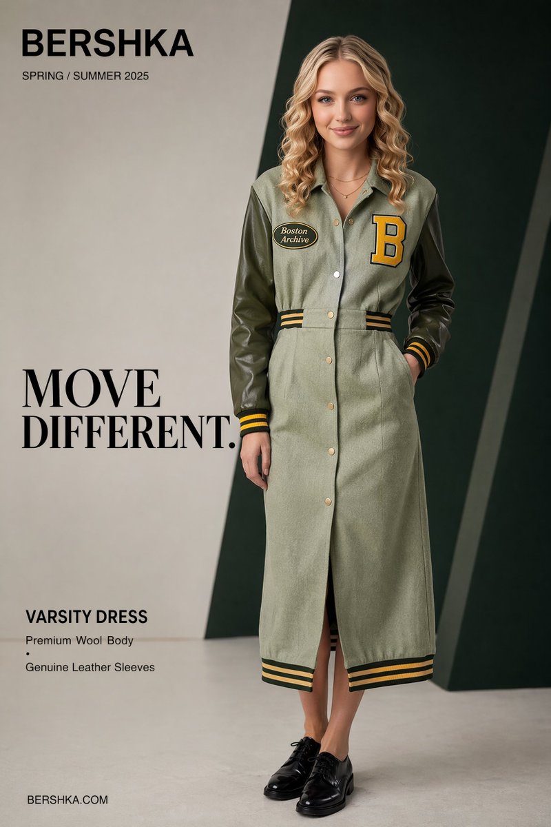 A confident woman wears a green varsity dress in a studio