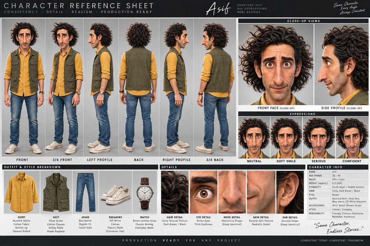 Professional character reference sheet for film and animation preproduction