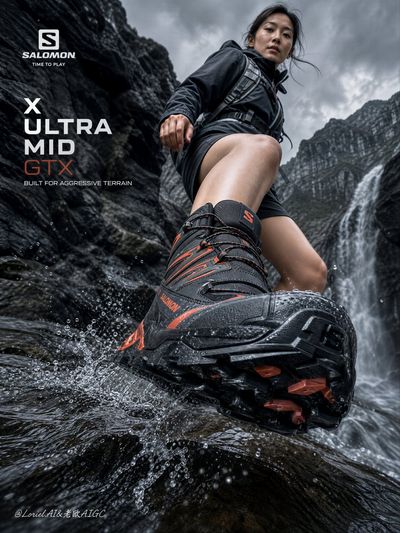 Aggressive Salomon outsole attacks the camera in ultra-low shot