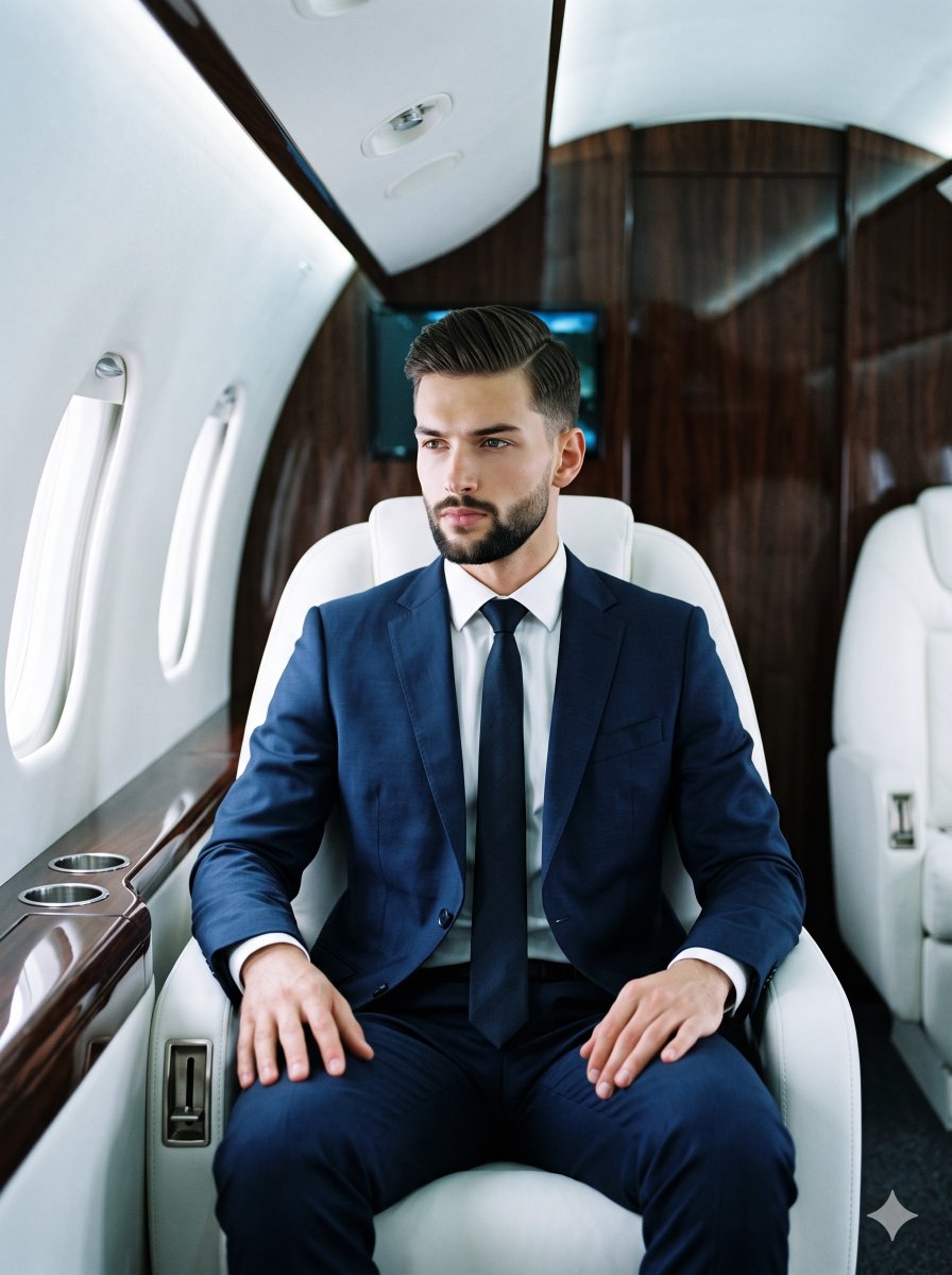 Young man in navy suit sits thoughtfully inside private jet