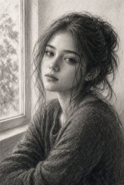Young woman in cozy knit sweater sits by window, graphite portrait