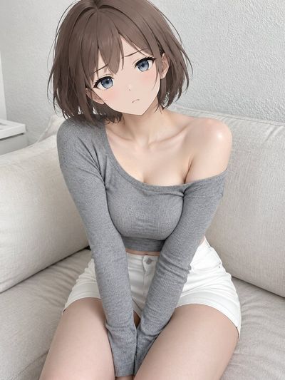 Young woman in gray off-shoulder knit sits on beige sofa in soft light