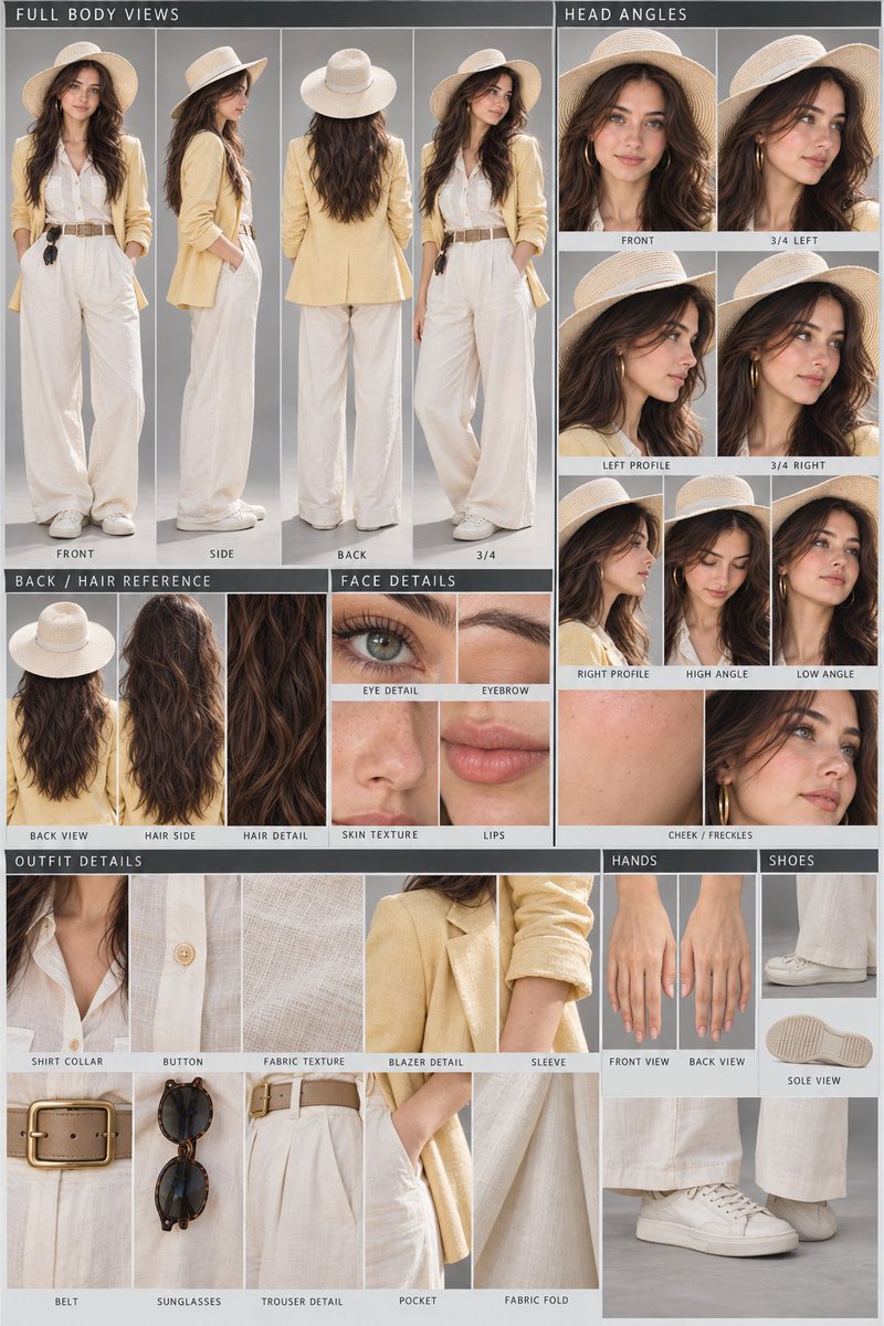 Multi-angle character reference sheet showing detailed face and body views