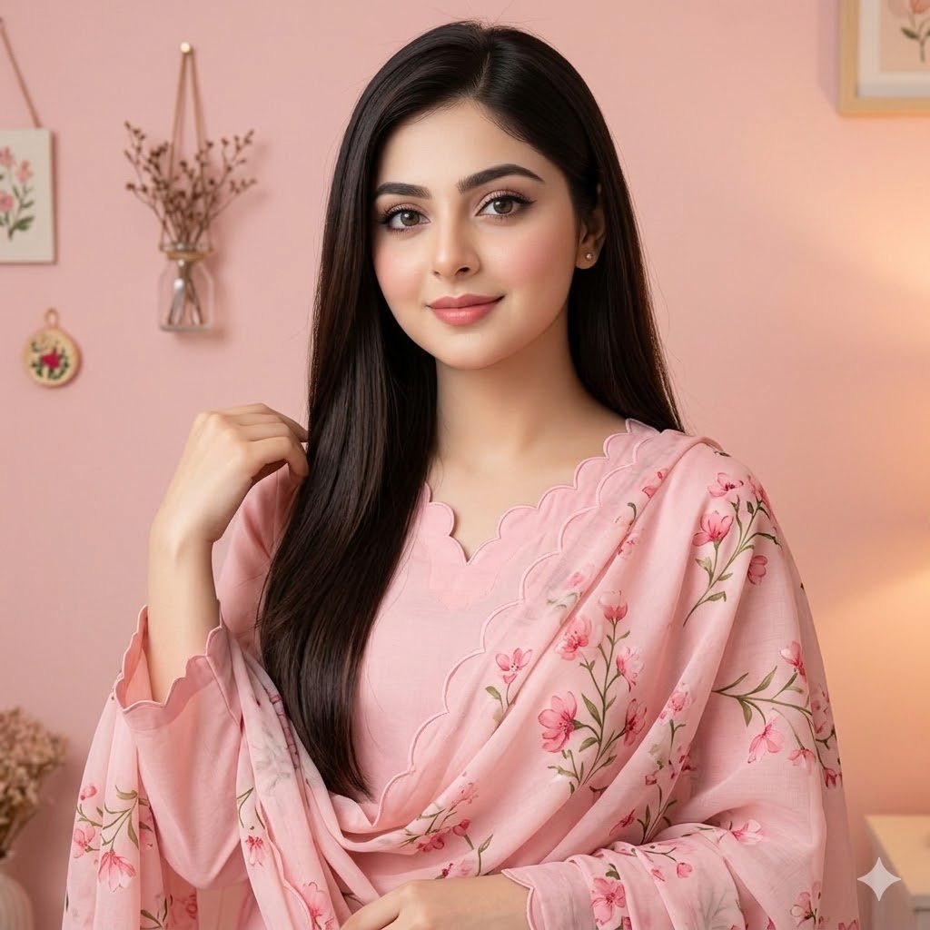 A woman with long dark hair smiles gently in a pink floral dupatta