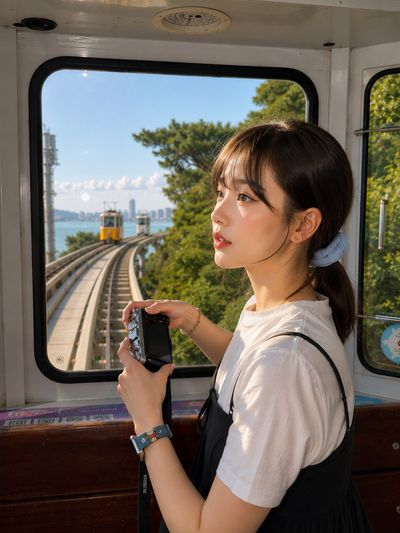 East Asian woman captures coastal view from modern tram cabin